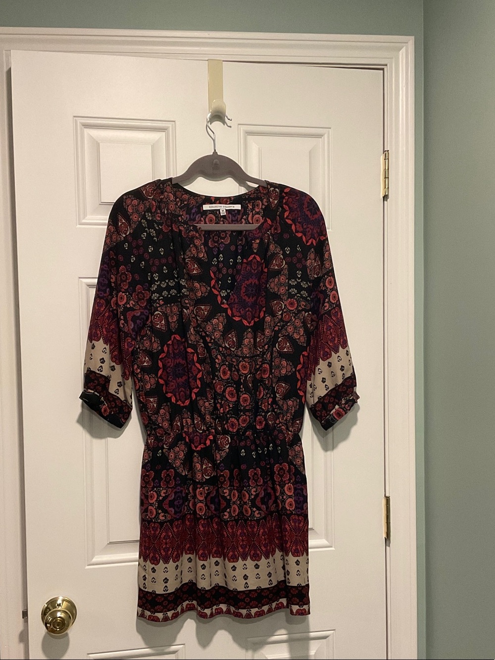 Collective Concepts Black Boho Print Mini Dress with Red and Cream Accents